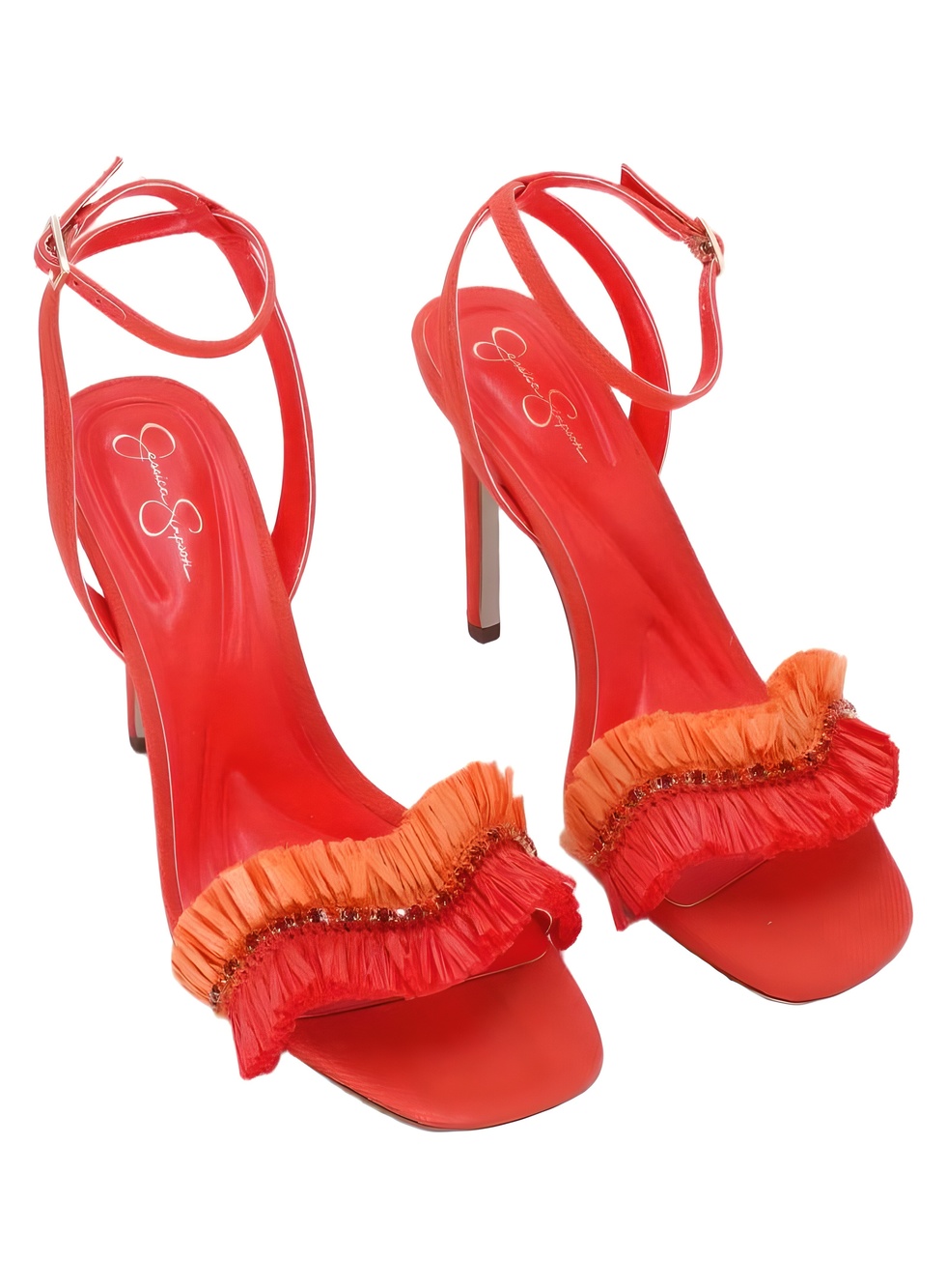 Jessica Simpson Omiena Raffia Fringe Poppy Papaya 4" Stiletto Sandals Size 8M